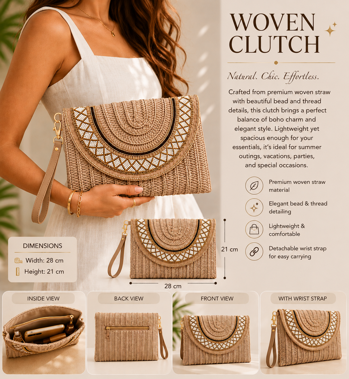 Straw Wristlet Clutch with Gold Beaded Trim