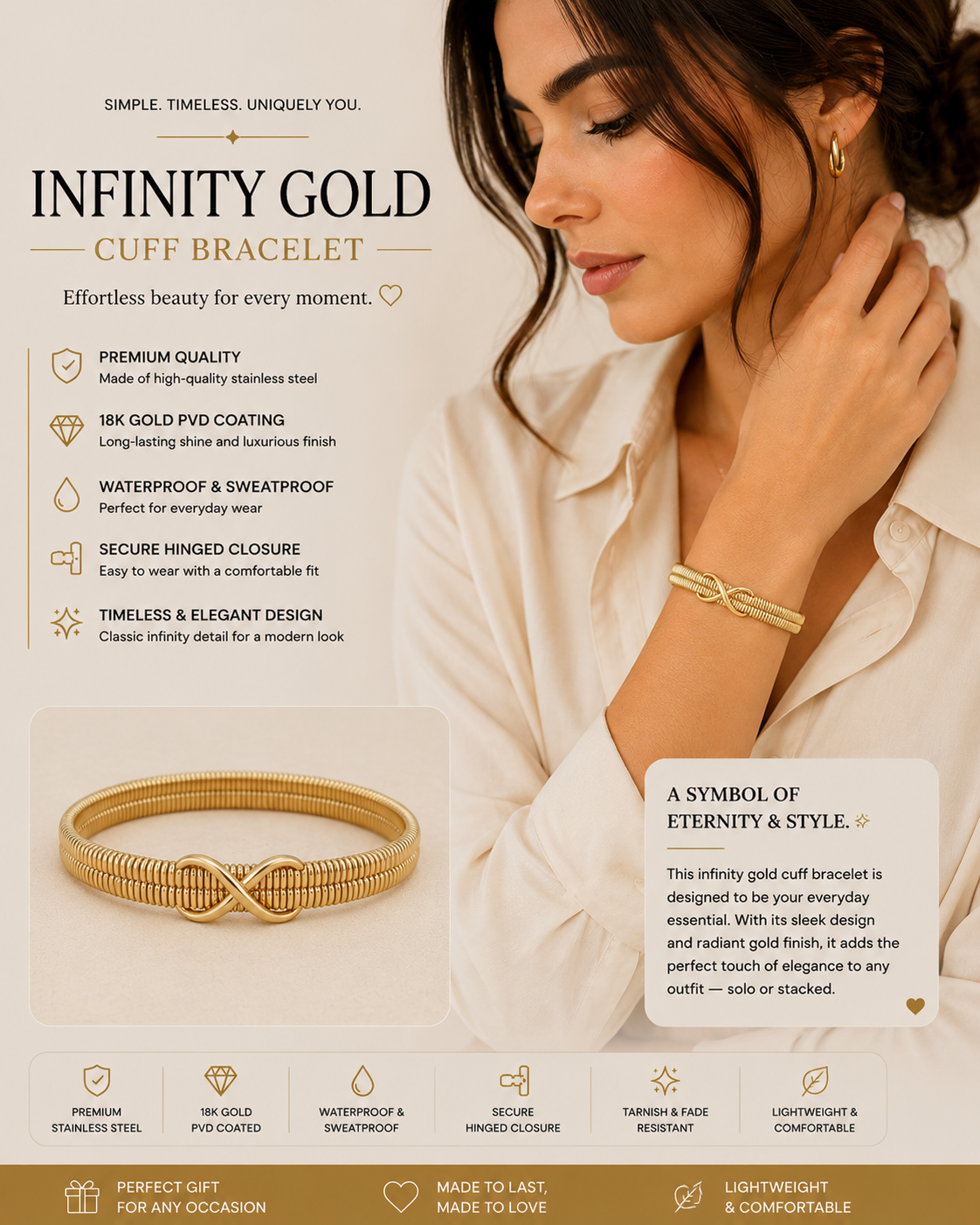 Gold Ribbed Infinity Bangle Bracelet