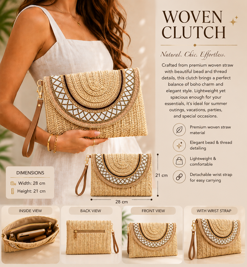 Straw Wristlet Clutch with Gold Beaded Trim