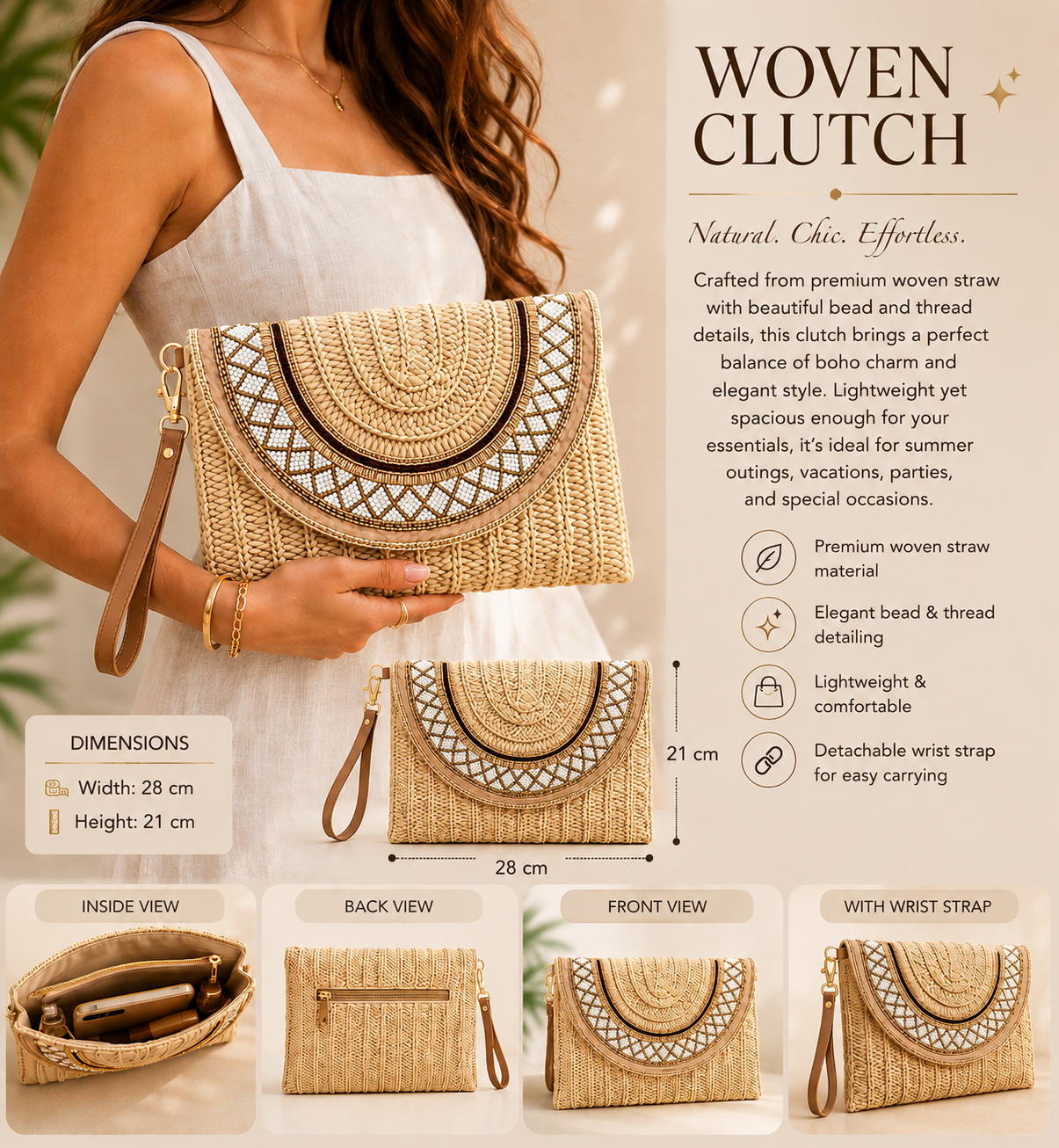 Straw Wristlet Clutch with Gold Beaded Trim