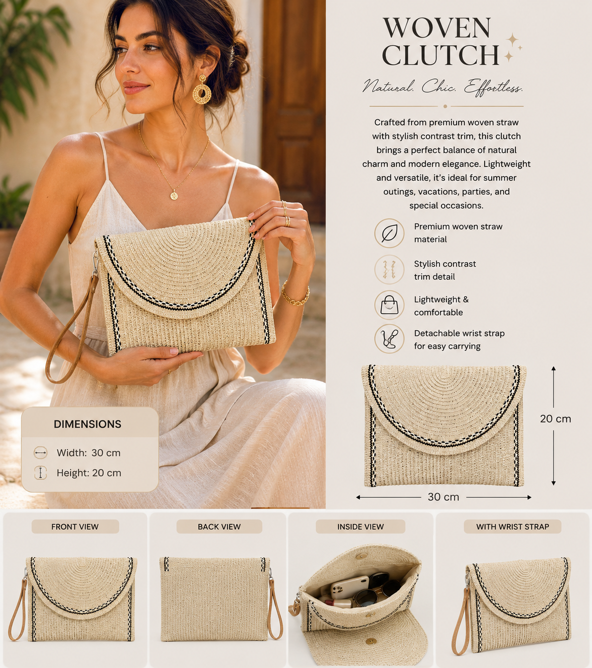 Round Straw Wristlet Clutch – Ivory