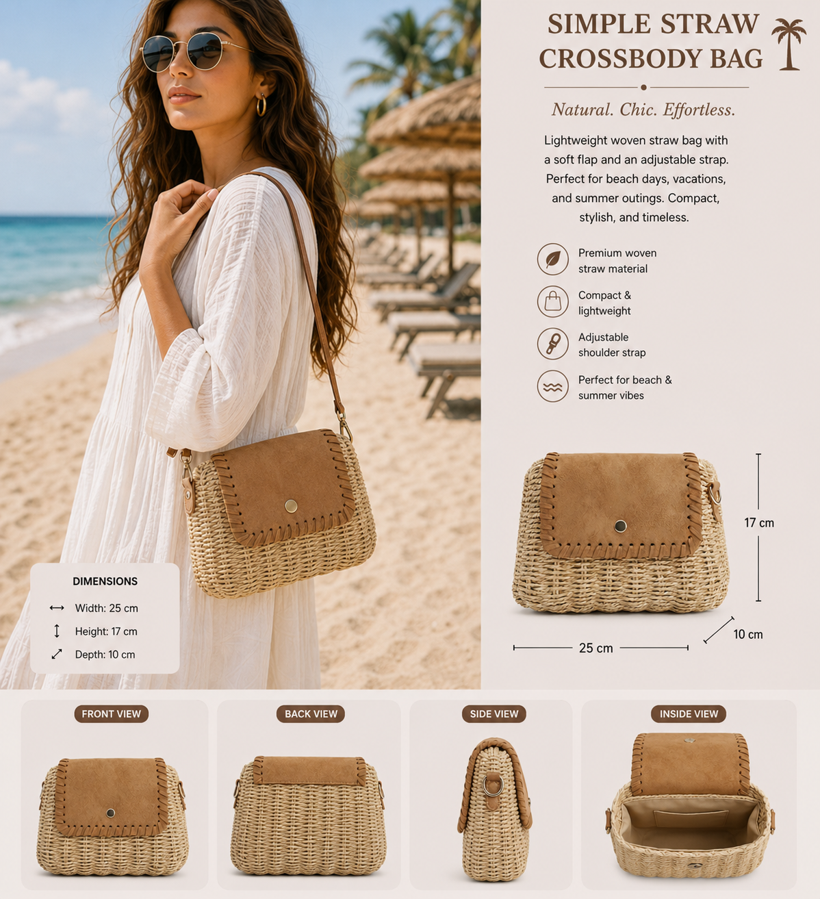Wicker Crossbody Bag with Suede Flap – Light