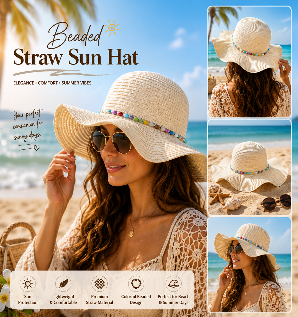 Ivory Straw Hat with Beaded Band