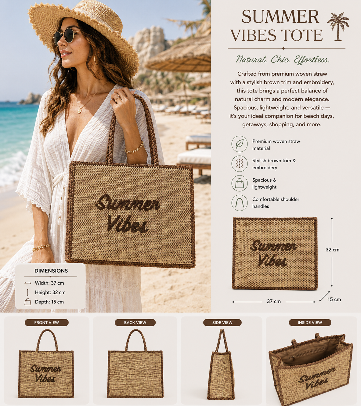Summer Vibes Straw Tote Bag – Brown