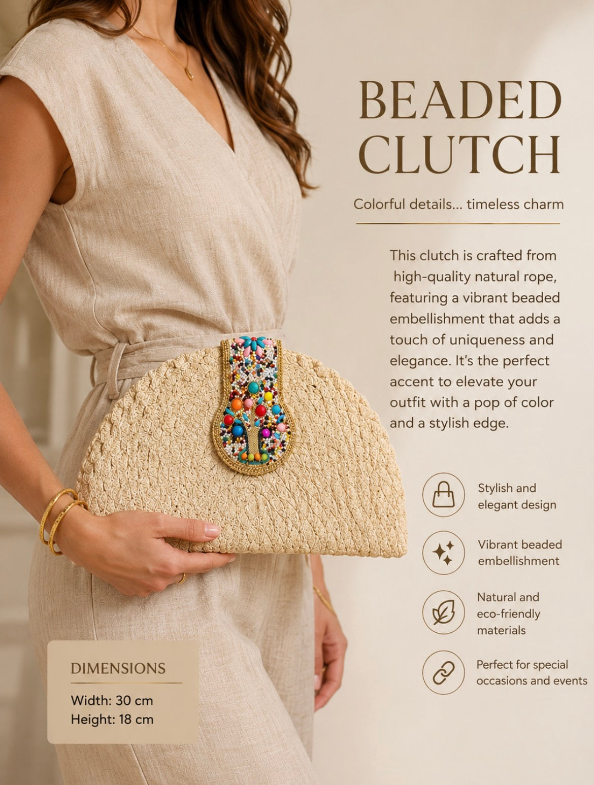 Straw Half-Moon Clutch with Beaded Clasp