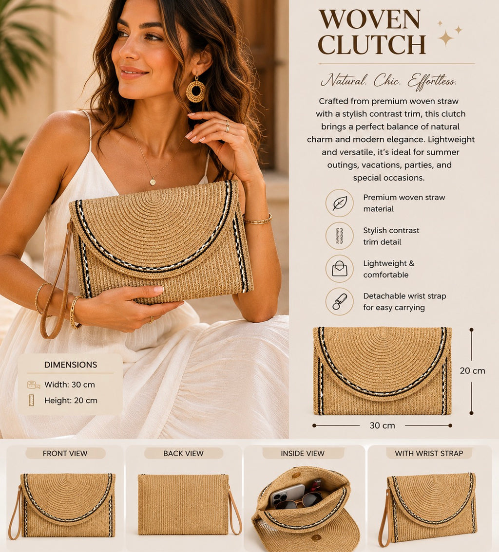 Straw Wristlet Clutch with Gold Beaded Trim (Copy)