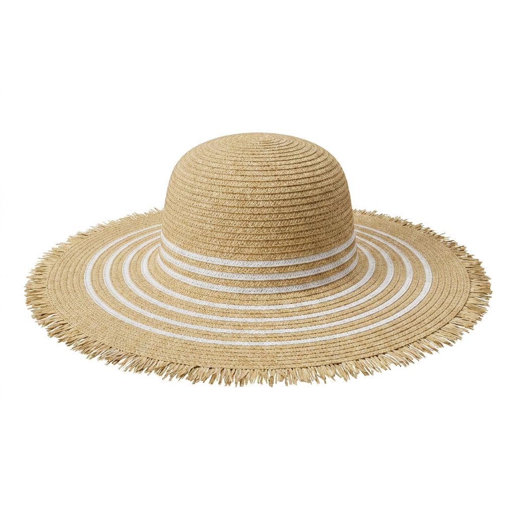 Wide Brim Straw Hat with White Stripe
