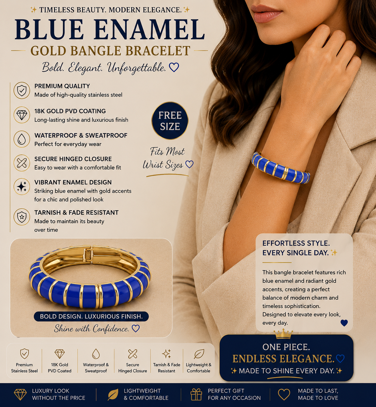 Cobalt Enamel Striped Bangle Bracelet