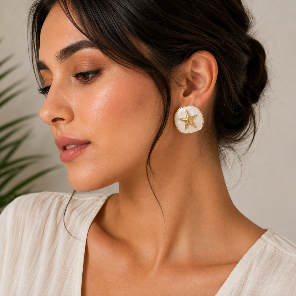 Gold Starfish Pearl Stud Earrings