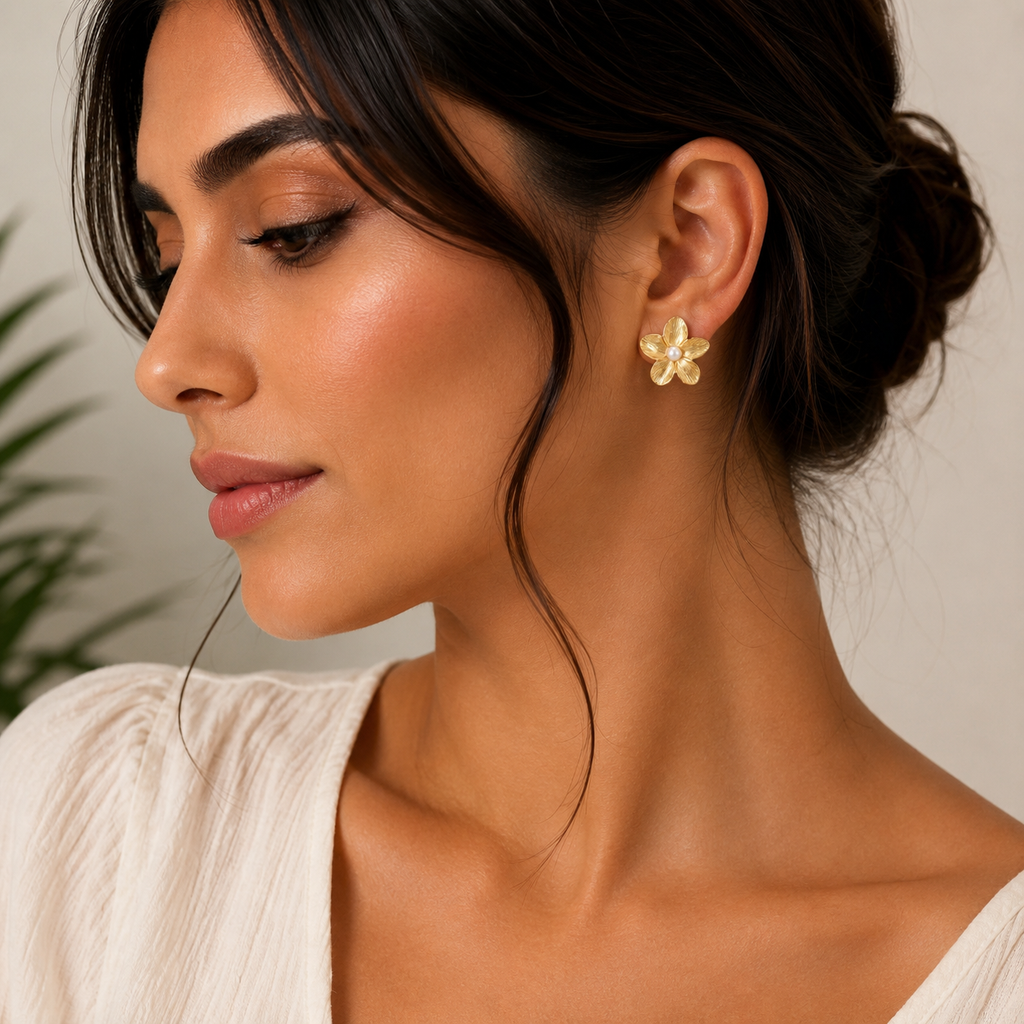 Gold Pearl Flower Stud Earrings