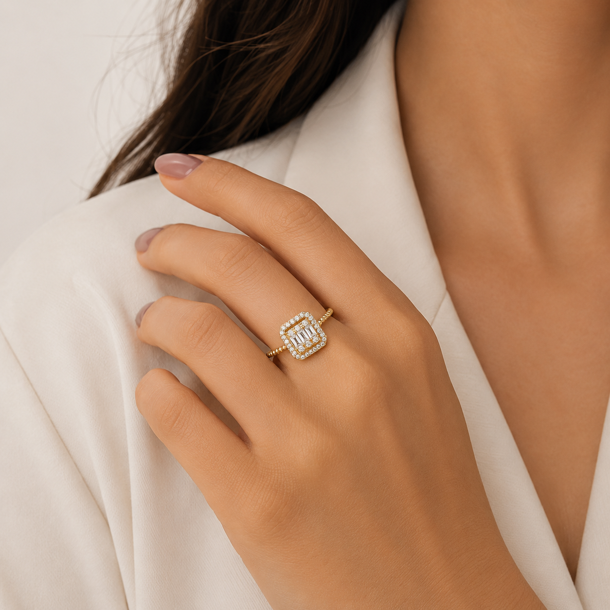 Gold Square Halo Adjustable Ring