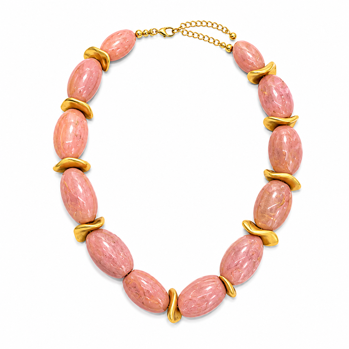 Pink gemstone necklace with gold accents.
