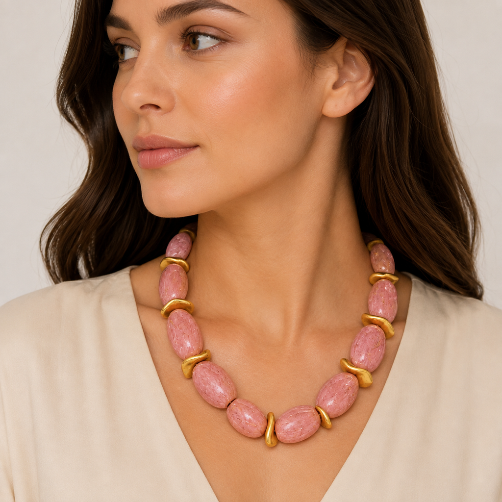 Pink gemstone necklace with gold accents.