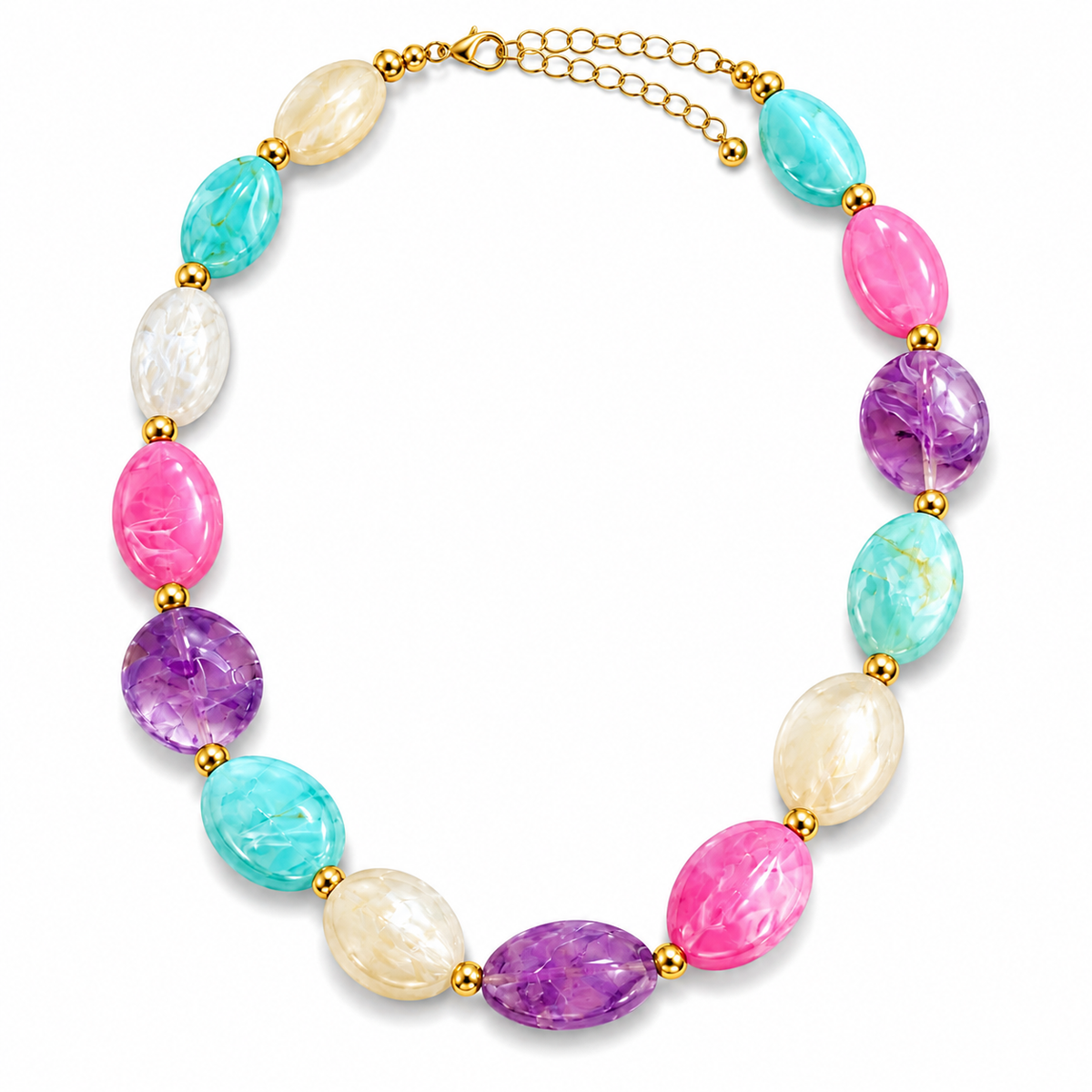 Colorful gemstone necklace with gold accents.