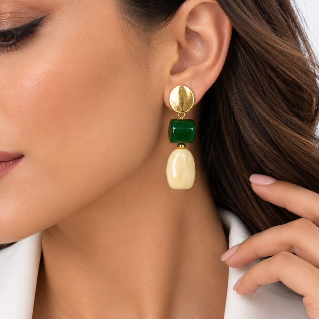 Elegant Green & Ivory Drop Earrings