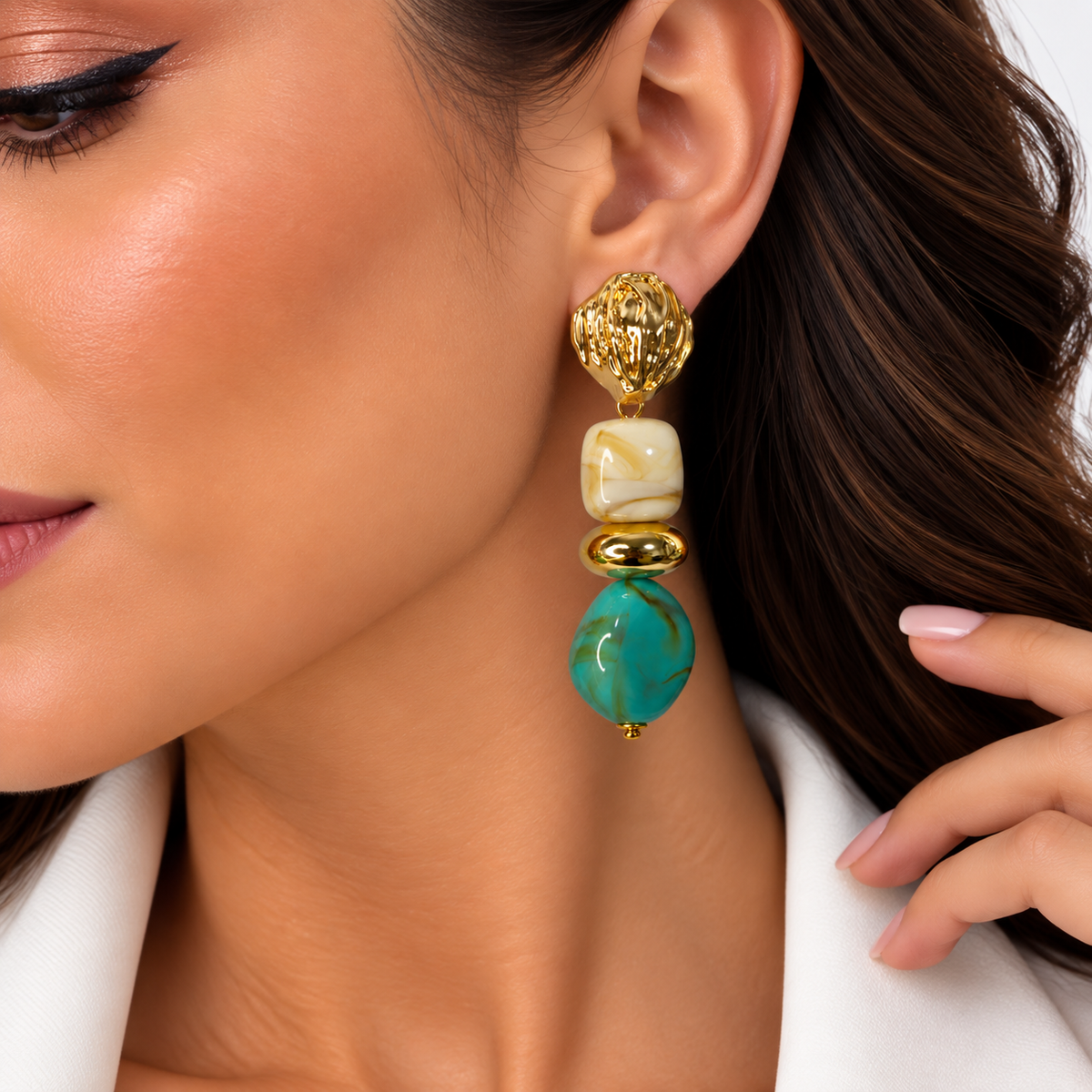 Elegant Gold, Ivory & Turquoise Drop Earrings