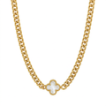 Gold White Clover Curb Chain Necklace