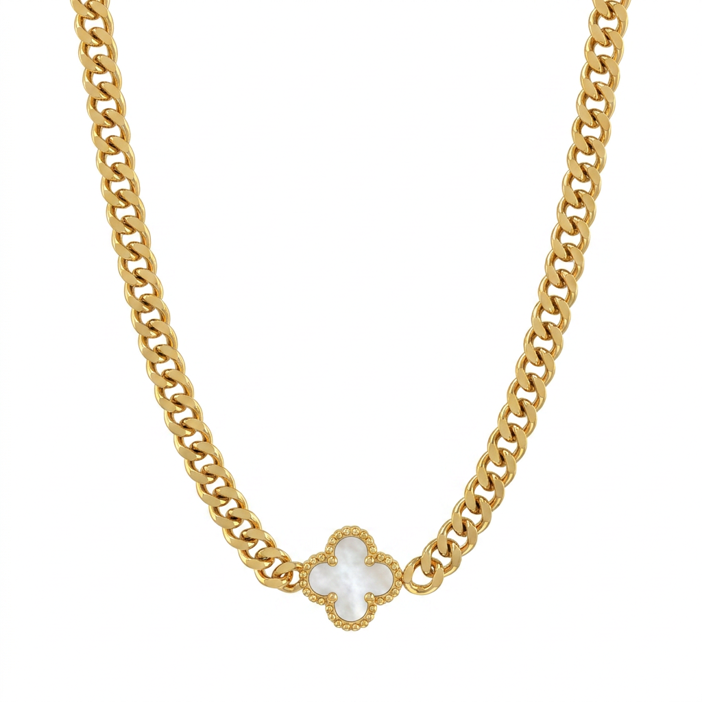 Gold White Clover Curb Chain Necklace