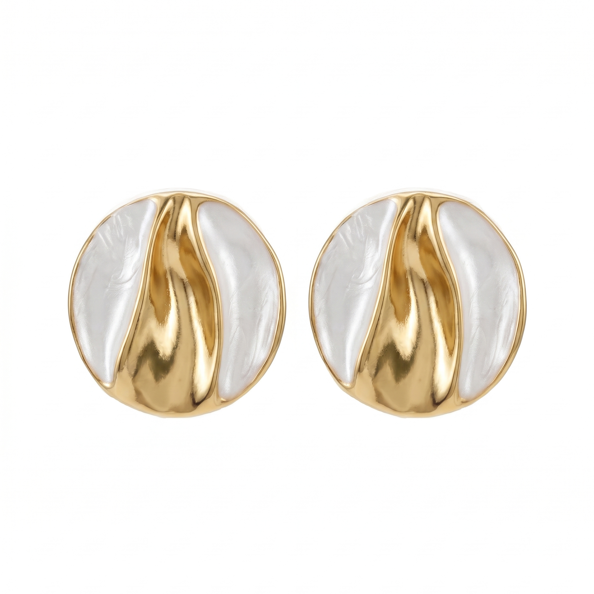 Gold & White Round Sculptural Stud Earrings