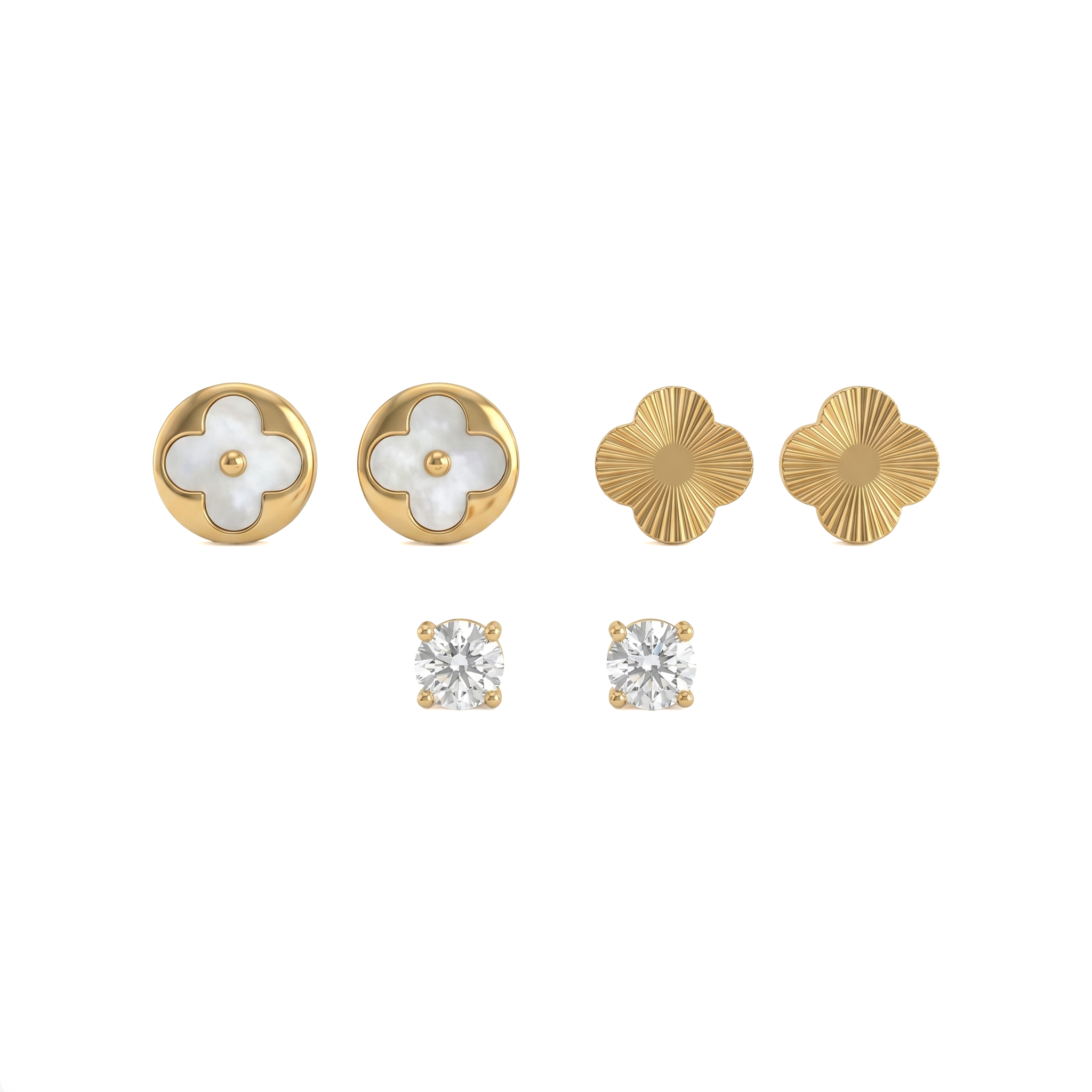 Gold Clover Flower Mixed Stud Set of 3