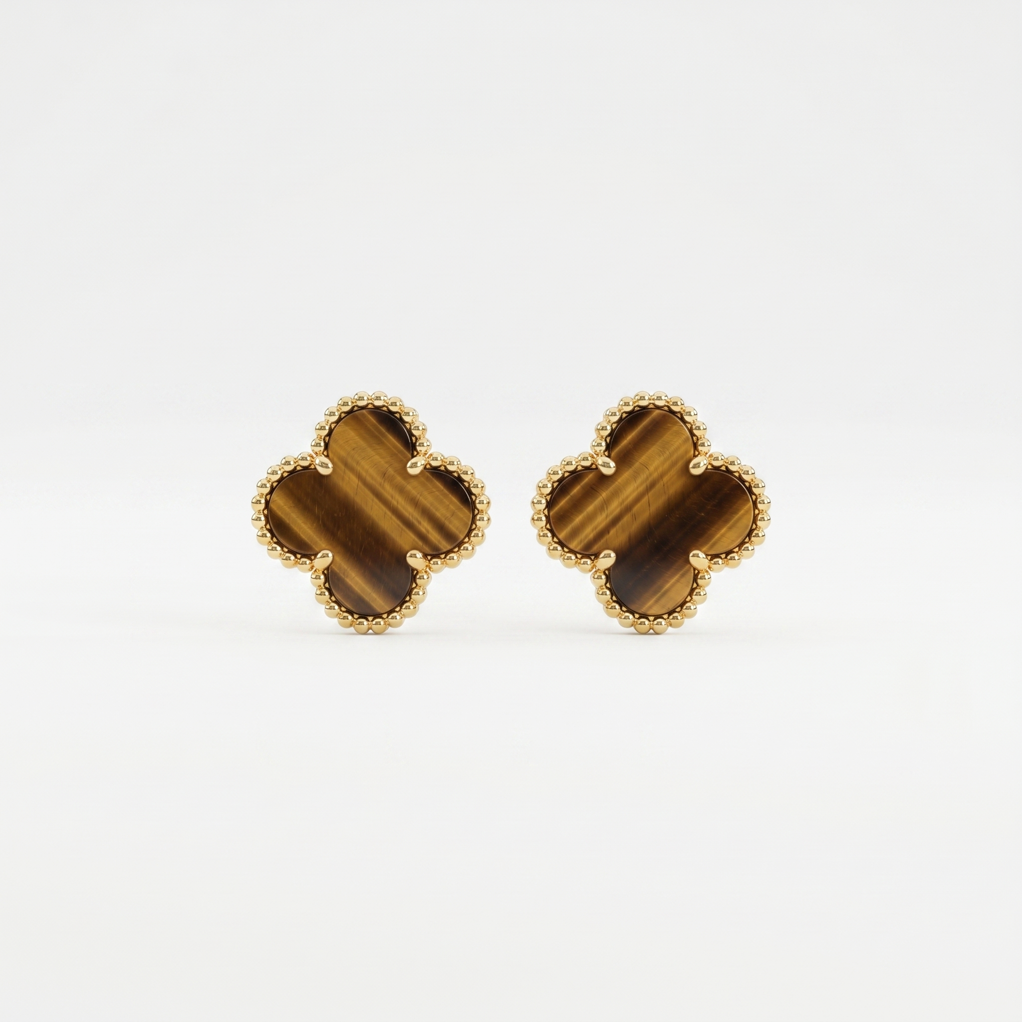 Gold Tiger Eye Clover Stud Earrings