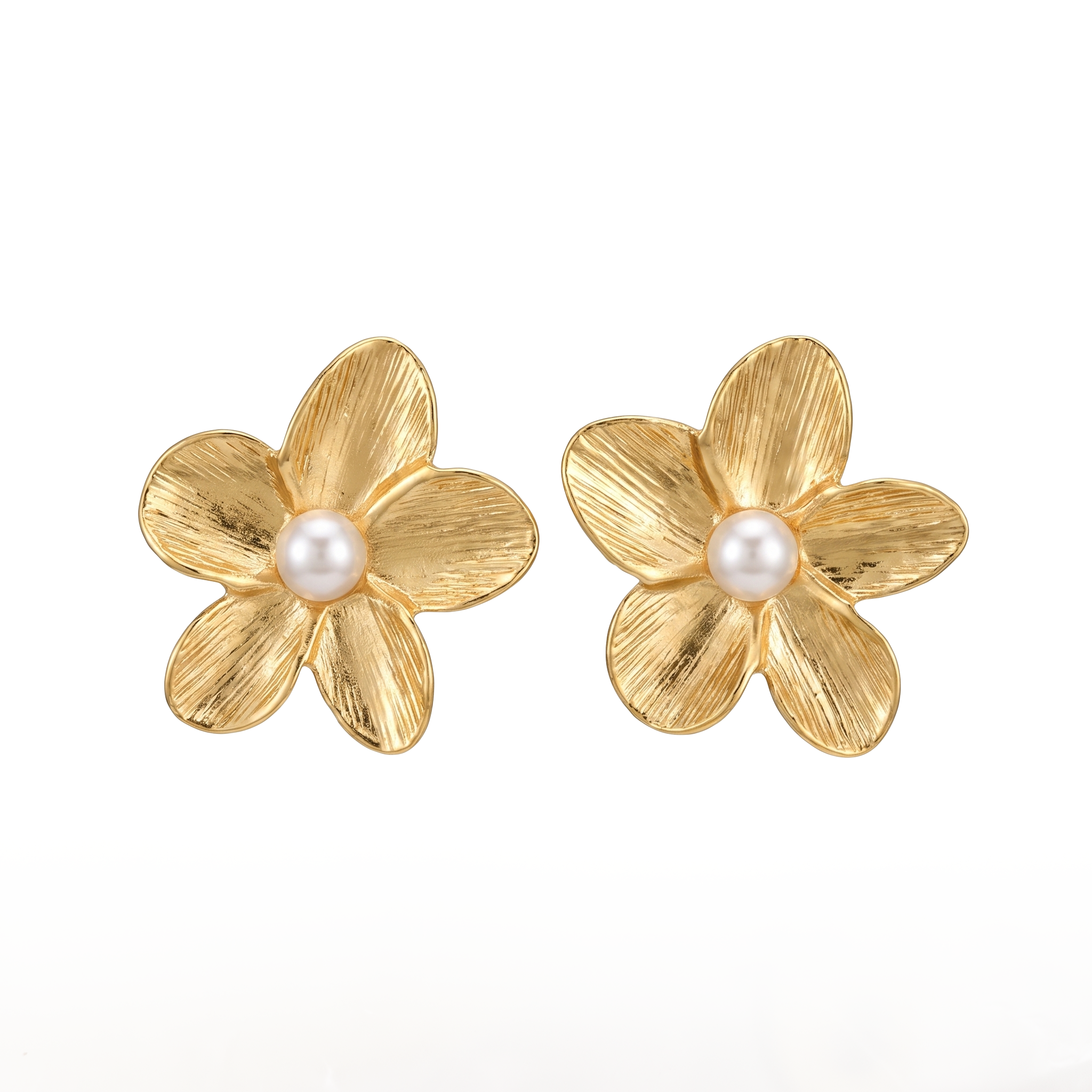 Gold Pearl Flower Stud Earrings